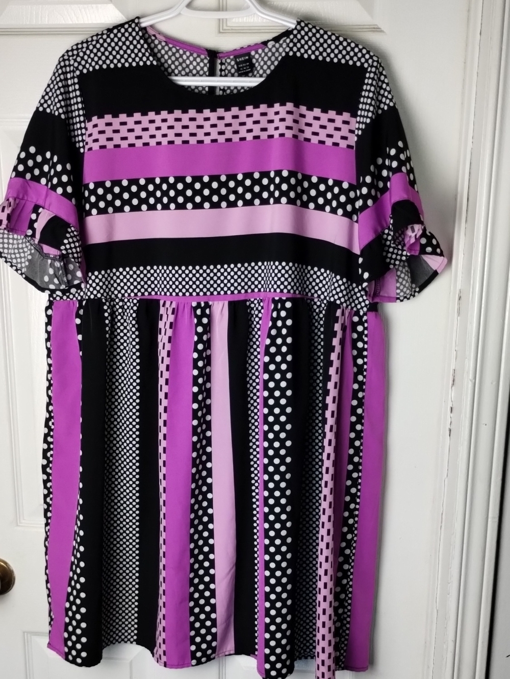 SHEIN Black and Purple/Pink Flowy Babydoll Type Polka Dot Stripe Midi Dress XL